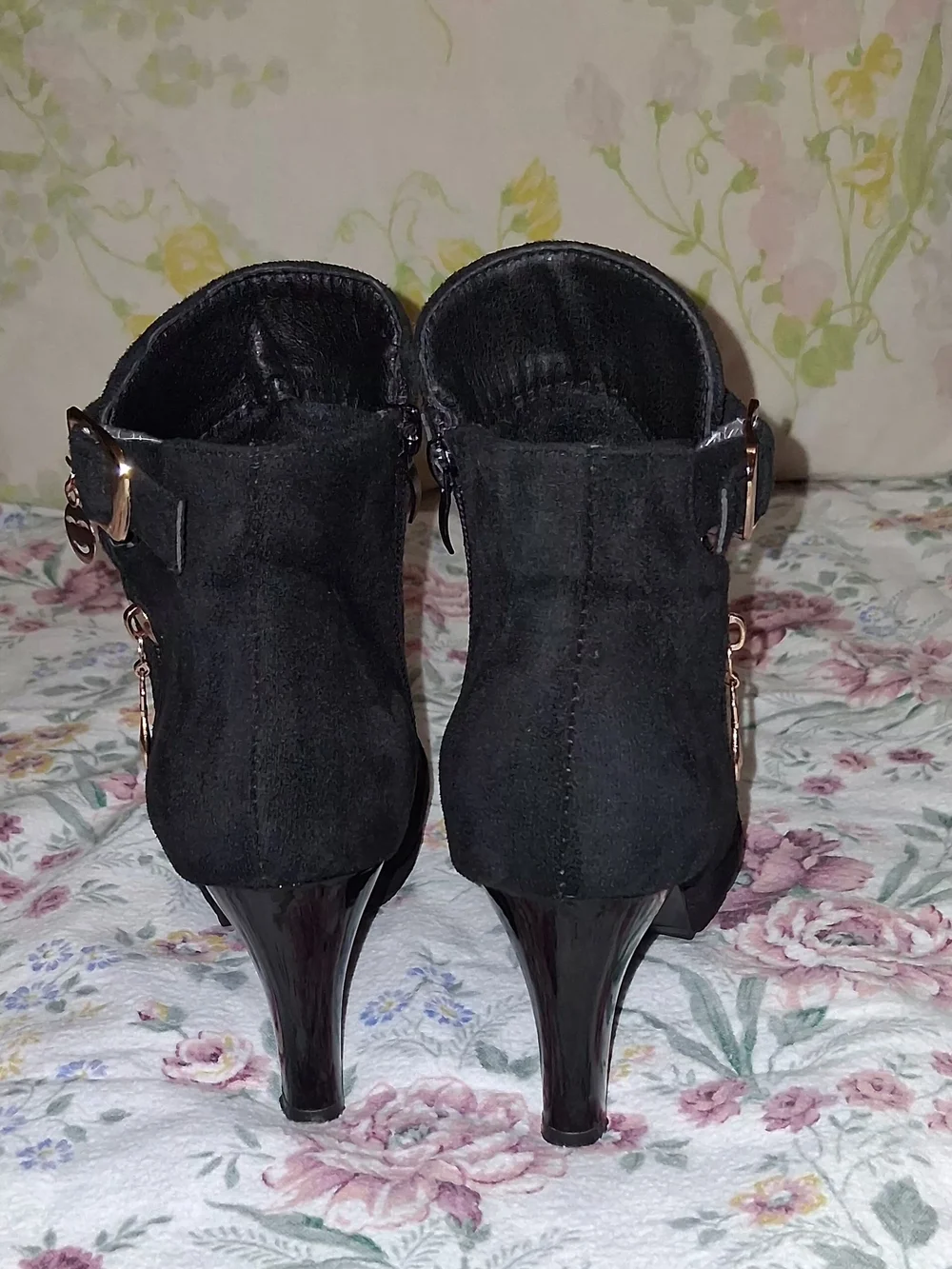 Women's Black Suede Ankle Boots with Gold Accent - Picture 7 of 9